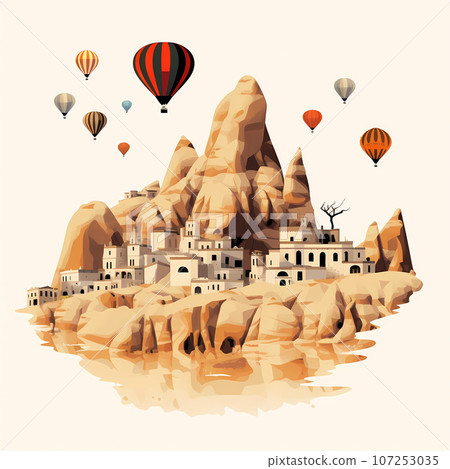 Illustration of beautiful view of unusual rocky landscape in Cappadocia, Turkey Illustration of beautiful view of unusual rocky landscape in Cappadocia, Turkey 107253035