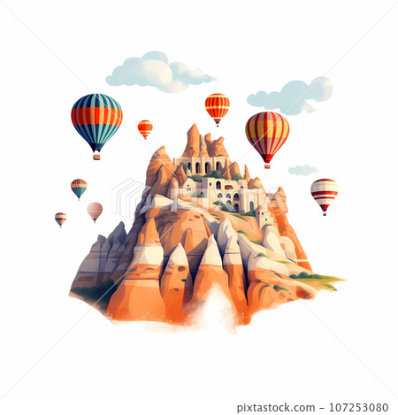 Illustration of beautiful view of unusual rocky landscape in Cappadocia, Turkey 107253080