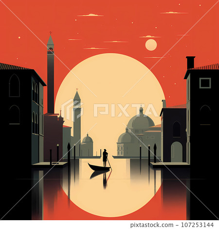 Illustration of the beautiful city of Venice. City of gondoliers, bridges, carnivals and love. Italy 107253144