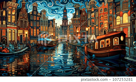 Illustration of a beautiful city view on the river 107253281