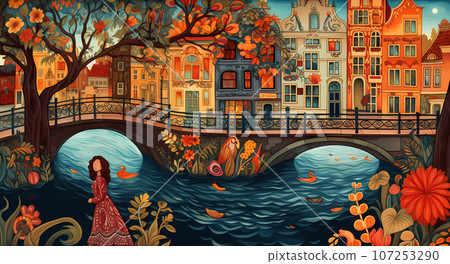 Illustration of a beautiful city view on the river Illustration of a beautiful city view on the river 107253290