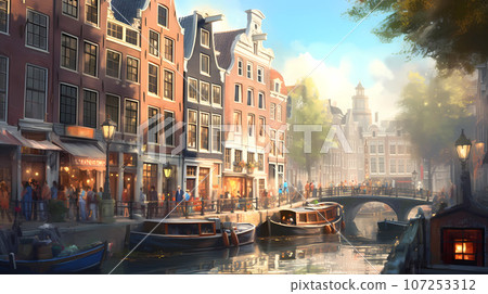 Illustration of a beautiful city view on the river 107253312