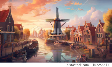 Illustration of a beautiful city view on the river 107253315