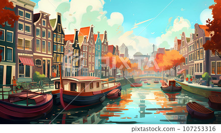 Illustration of a beautiful city view on the river 107253316