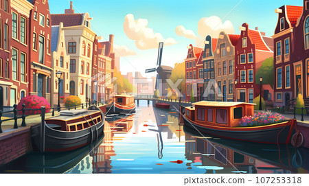 Illustration of a beautiful city view on the river 107253318