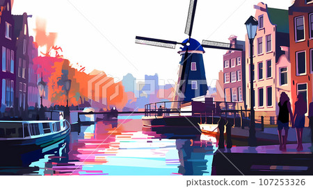 Illustration of a beautiful city view on the river Illustration of a beautiful city view on the river 107253326