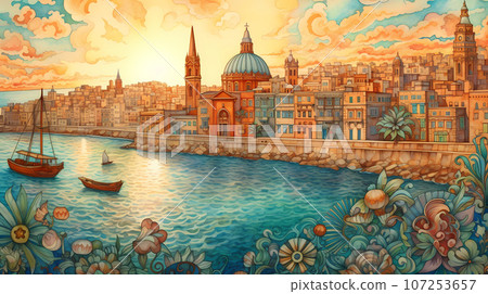 Illustration of beautiful view of Valletta, Malta Illustration of beautiful view of Valletta, Malta 107253657