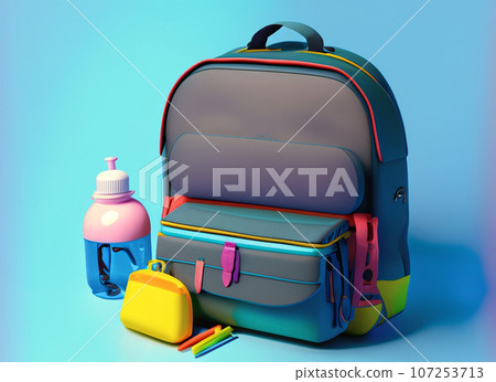Backpack and school supplies on a blue background. 3d rendering. Generative AI 107253713
