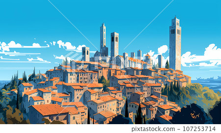Illustration of beautiful view of San Gimignano, Italy 107253714