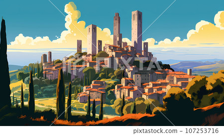 Illustration of beautiful view of San Gimignano, Italy 107253716