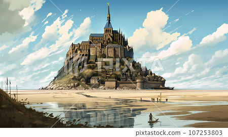 Illustration of beautiful view of Mont Saint-Michel, France 107253803