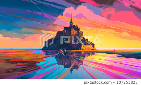 Illustration of beautiful view of Mont Saint-Michel, France Illustration of beautiful view of Mont Saint-Michel, France 107253823