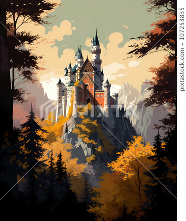 Illustration of beautiful view of Neuschwanstein Castle, Germany Illustration of beautiful view of Neuschwanstein Castle, Germany 107253835