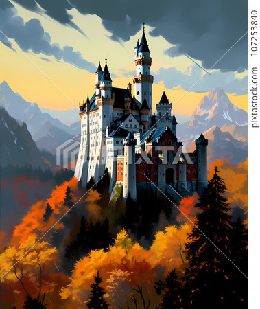 Illustration of beautiful view of Neuschwanstein Castle, Germany Illustration of beautiful view of Neuschwanstein Castle, Germany 107253840