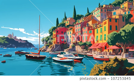 Illustration of beautiful view of Portofino, Italy Illustration of beautiful view of Portofino, Italy 107253845