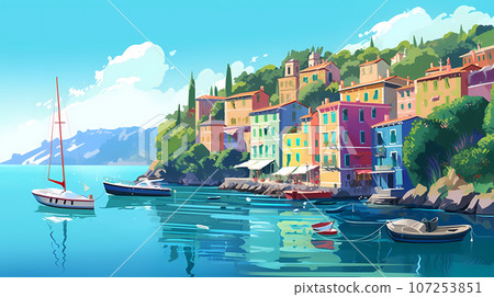 Illustration of beautiful view of Portofino, Italy Illustration of beautiful view of Portofino, Italy 107253851