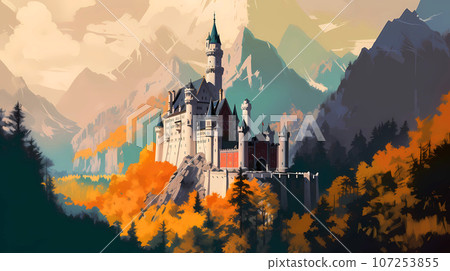 Illustration of beautiful view of Neuschwanstein Castle, Germany Illustration of beautiful view of Neuschwanstein Castle, Germany 107253855