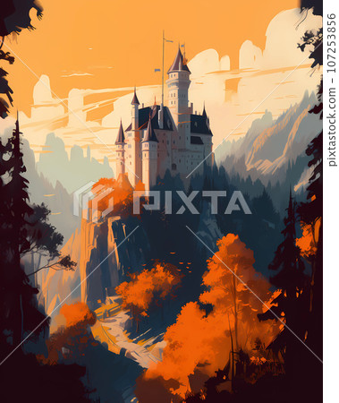 Illustration of beautiful view of Neuschwanstein Castle, Germany 107253856