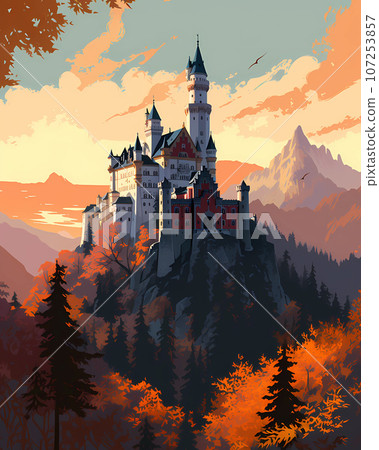 Illustration of beautiful view of Neuschwanstein Castle, Germany 107253857