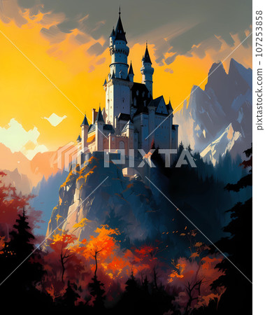 Illustration of beautiful view of Neuschwanstein Castle, Germany 107253858