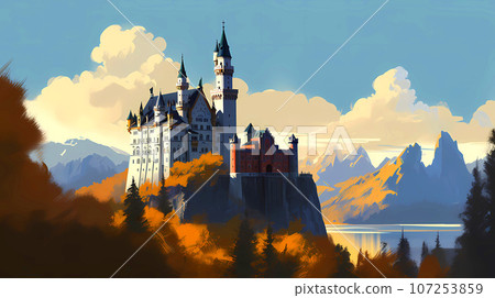 Illustration of beautiful view of Neuschwanstein Castle, Germany 107253859
