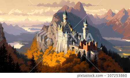 Illustration of beautiful view of Neuschwanstein Castle, Germany 107253860