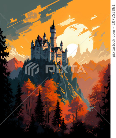 Illustration of beautiful view of Neuschwanstein Castle, Germany 107253861