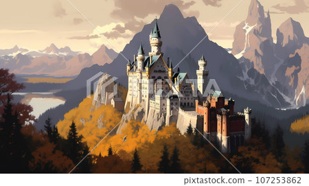 Illustration of beautiful view of Neuschwanstein Castle, Germany Illustration of beautiful view of Neuschwanstein Castle, Germany 107253862