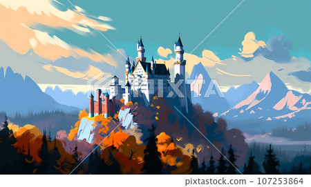 Illustration of beautiful view of Neuschwanstein Castle, Germany Illustration of beautiful view of Neuschwanstein Castle, Germany 107253864
