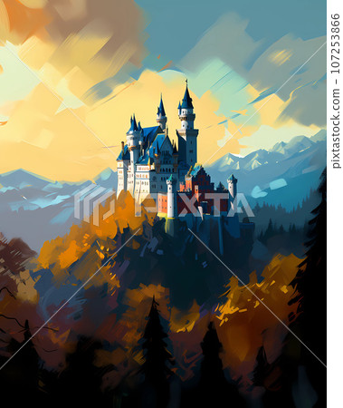 Illustration of beautiful view of Neuschwanstein Castle, Germany 107253866