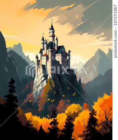 Illustration of beautiful view of Neuschwanstein Castle, Germany 107253867