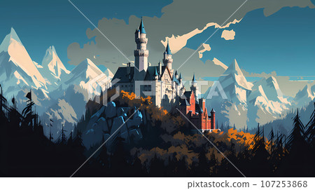Illustration of beautiful view of Neuschwanstein Castle, Germany 107253868