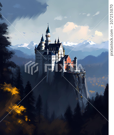 Illustration of beautiful view of Neuschwanstein Castle, Germany 107253870