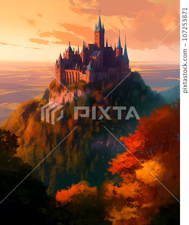 Illustration of beautiful view of Hohenzollern Castle in the Swabian Alps - Baden-Wurttemberg, Germany Illustration of beautiful view of Hohenzollern Castle in the Swabian Alps - Baden-Wurttemberg, Germany 107253871