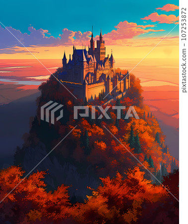 Illustration of beautiful view of Hohenzollern Castle in the Swabian Alps - Baden-Wurttemberg, Germany 107253872