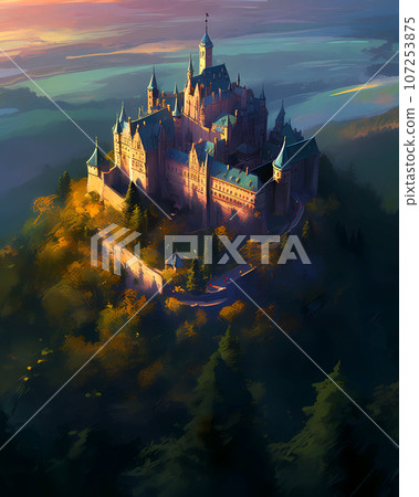 Illustration of beautiful view of Hohenzollern Castle in the Swabian Alps - Baden-Wurttemberg, Germany 107253875