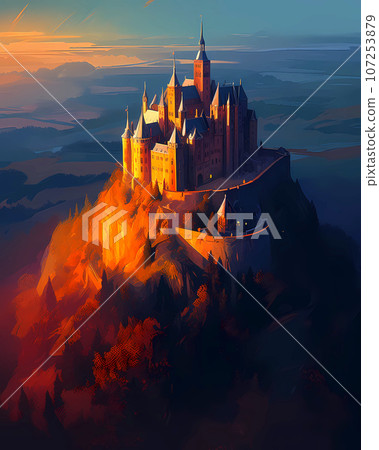Illustration of beautiful view of Hohenzollern Castle in the Swabian Alps - Baden-Wurttemberg, Germany 107253879