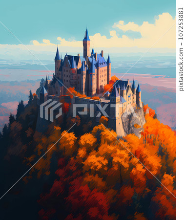 Illustration of beautiful view of Hohenzollern Castle in the Swabian Alps - Baden-Wurttemberg, Germany Illustration of beautiful view of Hohenzollern Castle in the Swabian Alps - Baden-Wurttemberg, Germany 107253881