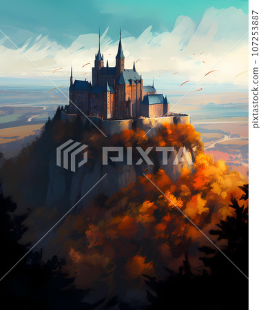 Illustration of beautiful view of Hohenzollern Castle in the Swabian Alps - Baden-Wurttemberg, Germany 107253887