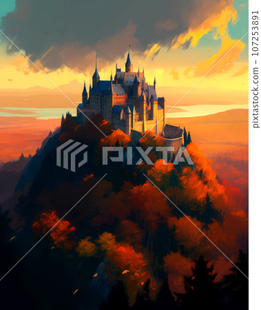 Illustration of beautiful view of Hohenzollern Castle in the Swabian Alps - Baden-Wurttemberg, Germany 107253891