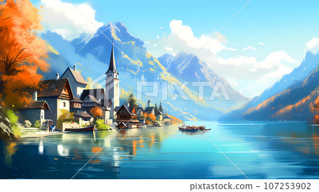 Illustration of beautiful view of Hallstatt, Austria 107253902