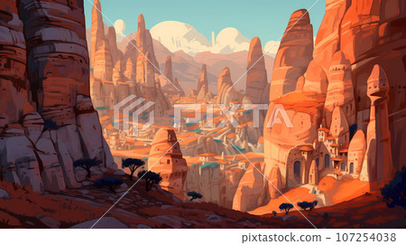 Illustration of beautiful view of unusual rocky landscape in Cappadocia, Turkey 107254038