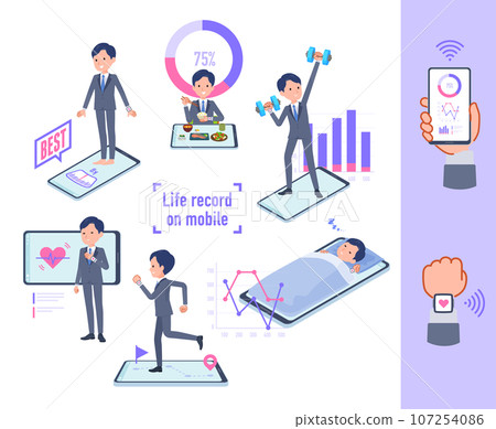 A set of male sales consultants managing their behavior and health with smartphones 107254086