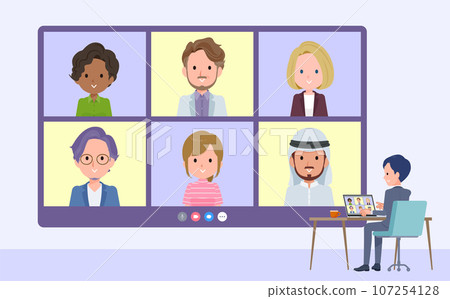 A set of male sales consultants video chatting with multiple people 107254128