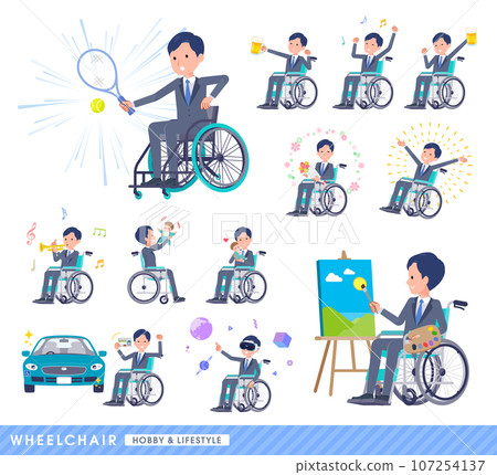 Set of sales consultant men riding in wheelchairs 107254137