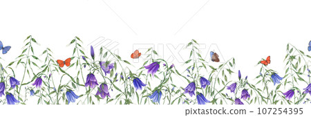 Seamless banner of summer meadow wildflowers. Campanula, bells flowers, harebells, wild oats, orange and blue butterflies. Watercolor illustration. For textile, label, package Seamless banner of summer meadow wildflowers. Campanula, bells flowers, harebells, wild oats, orange and blue butterflies. Watercolor illustration. For textile, label, package 107254395