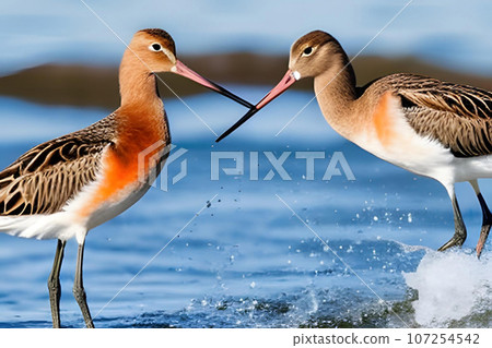 Black-tailed Godwit (Limosa Limosa) in the water. Generative AI 107254542