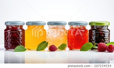 Glass jars with jam of different colors from different fruits. lined up, white background. Preservation and preparation, homemade healthy food. Sweet dessert. Glass jars with jam of different colors from different fruits. lined up, white background. Preservation and preparation, homemade healthy food. Sweet dessert. 107254554