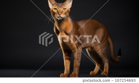 A pedigreed purebred Abyssinian cat at an exhibition of purebred cats. Cat show. Animal exhibition. Competition for the most purebred cat. Winner, first place, main prize 107254693