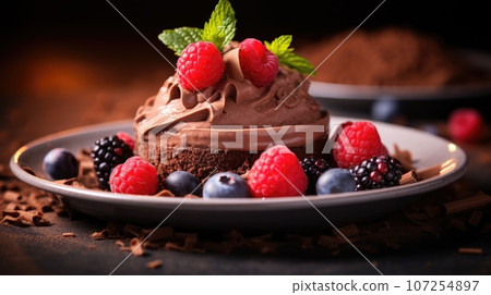 Plated vegan dessert featuring a rich, chocolate avocado mousse topped with fresh berries. Chocolate cake, biscuit dough. Soft, diffused lighting. Healthy food, Food blogging, cookbook magazine 107254897